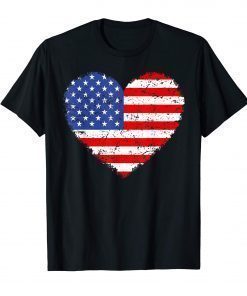 USA Flag Heart T Shirt 4th July Red White Blue Stars Stripes