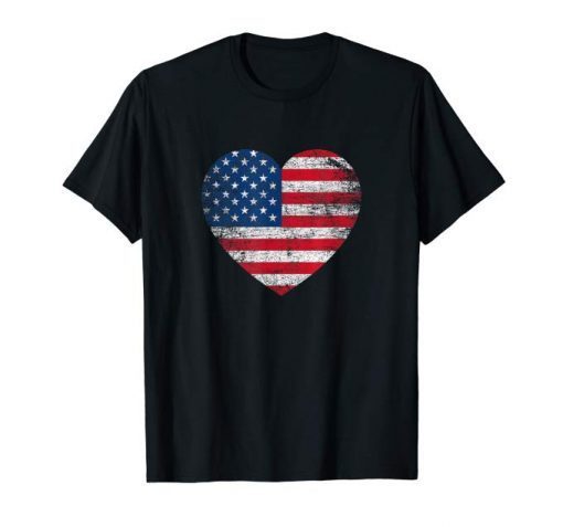 USA Flag Heart T-Shirt 4th July Red White Blue Stars Stripes