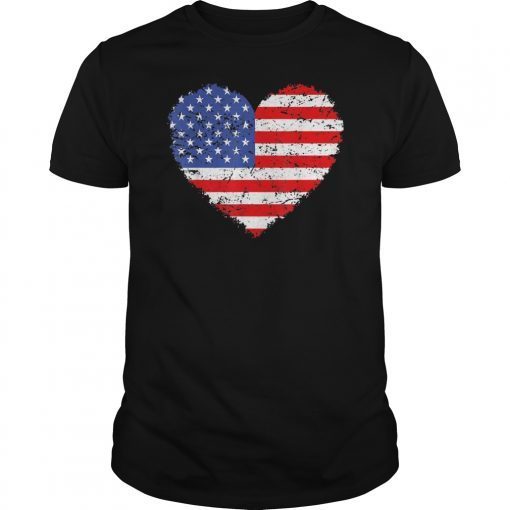 USA Flag Heart Tee Shirt 4th July Red White Blue Stars Stripes