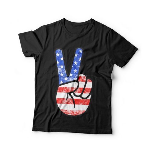 American Flag Peace Sign T-Shirt - Unisex Mens Funny America Shirt - Vintage Red White And Blue TShirt Gift for Independence Day 4th of July
