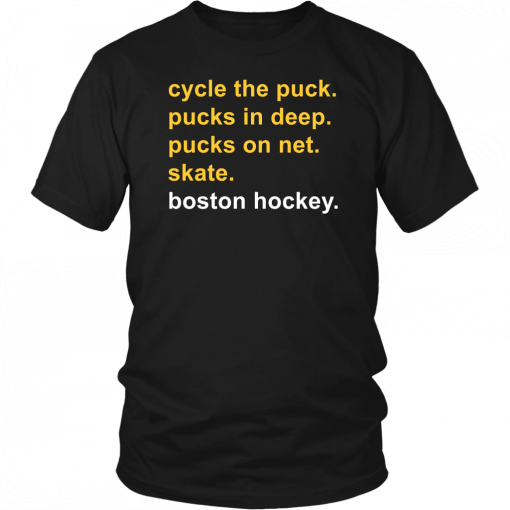 CYCLE THE PUCK - PUCKS IN DEEP - PUCKS ON NET - SKATE - BOSTON HOCKEY SHIRT