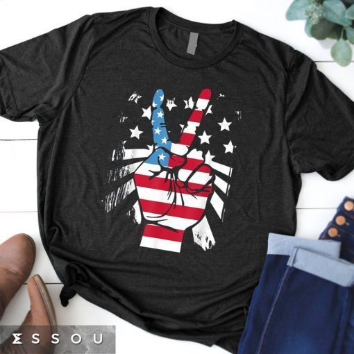Fourth 4th of July Shirt American Flag Peace Sign Hand Tee