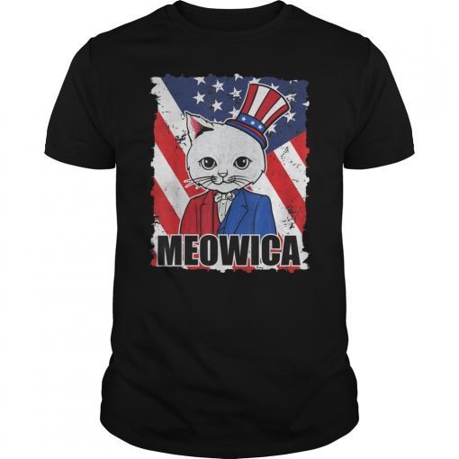 Meowica - Funny Cat American Flag T-Shirt 4th of July Gift