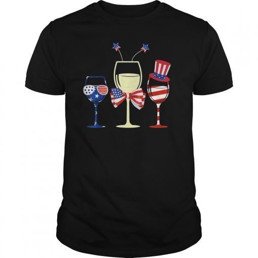 Red White Blue Wine Glasses American Flag 4th Of July Tshirt