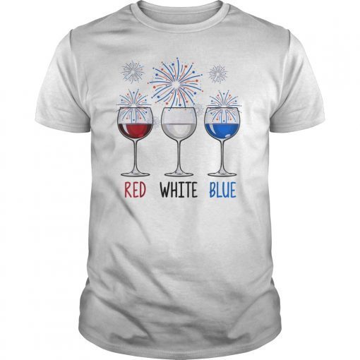 Red White Blue Wine Glasses USA Firework 4th Of July T-Shirt