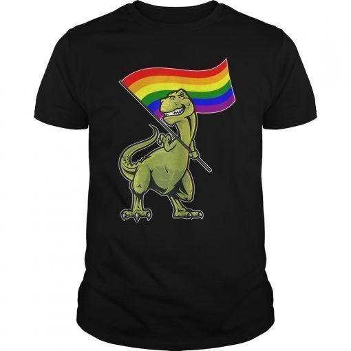T-Rex Dinosaur T-Shirt Dino Holding LGBT Flag