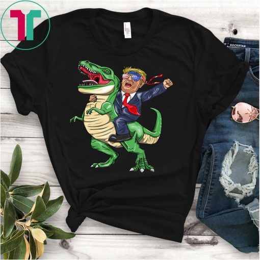 Trump With American Flag Glasses Headband On T Rex Dinosaur T-Shirt