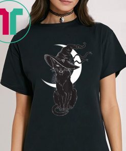 Vintage Scary Halloween Black Cat Costume Witch Hat & Moon T-Shirt