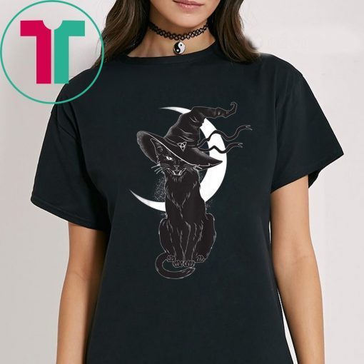 Vintage Scary Halloween Black Cat Costume Witch Hat & Moon T-Shirt