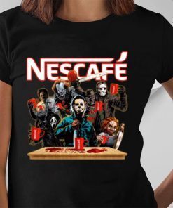 Horror Characters Drinking Nescafe shirt Funny Halloween Tee Shirt