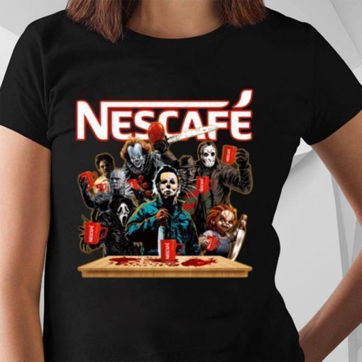 Horror Characters Drinking Nescafe shirt Funny Halloween Tee Shirt