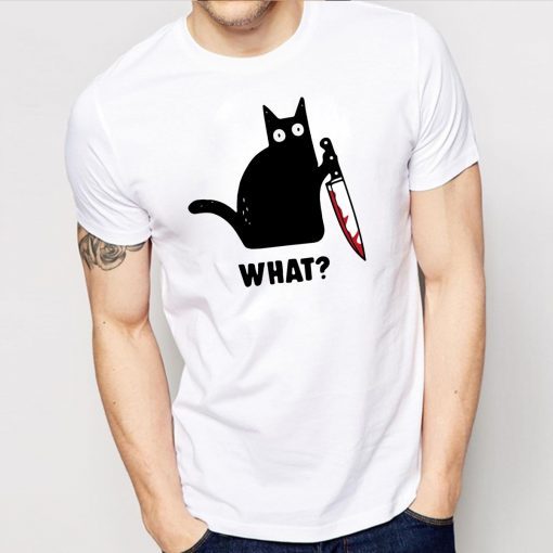 WHAT BLACK CAT HOLDING KNIFE TEE SHIRT Limited Edition