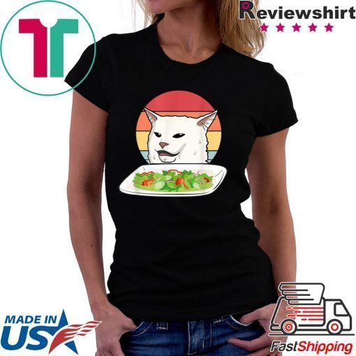 Angry women yelling at confused cat at dinner table meme T-Shirt