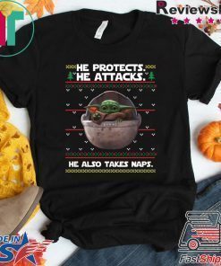 Baby Yoda He protects he also takes naps Christmas Shirt