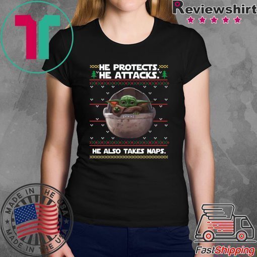 Baby Yoda He protects he also takes naps Christmas Shirt