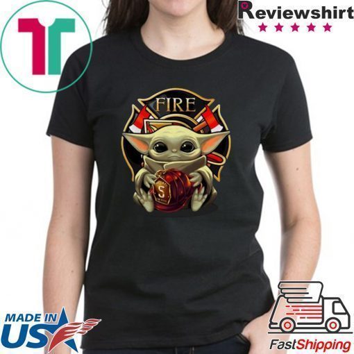 Baby Yoda hug firefighter captain hat Star Wars shirt