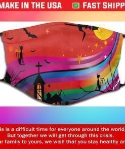 Witch Woman On Broomstick Bats Cat Stars Rainbow Moon Castle Halloween Face Mask