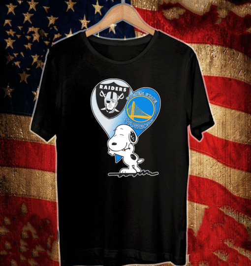 Snoopy hug Las vegas Raiders and Golden State Warriors T-Shirt