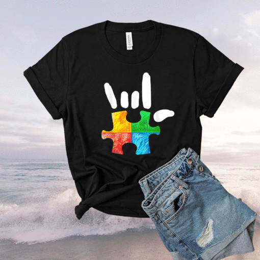 Autism Awareness Hand Rock and Roll Puzzle Pieces T-Shirt