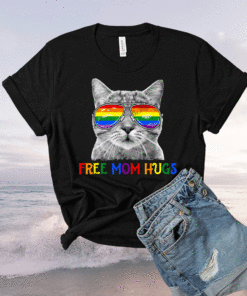 Free Mom Hugs Purride Proud Ally Cat Rainbow Flag LGBT Pride Shirt