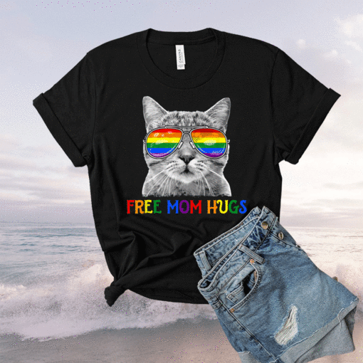 Free Mom Hugs Purride Proud Ally Cat Rainbow Flag LGBT Pride Shirt