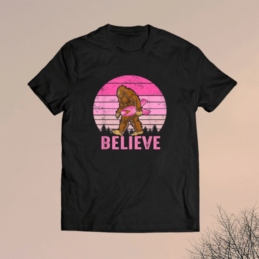 Funny Bigfoot Carrying Pink Ribbon Breast Cancer Awareness Shirt