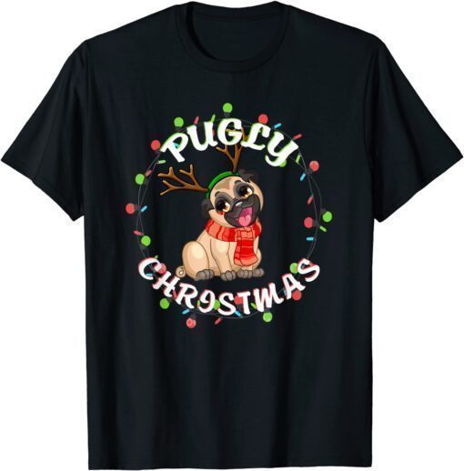 2021 Pugly Lights Santa Dog Xmas Christmas Pajamas For Women Gift Tee Shirt