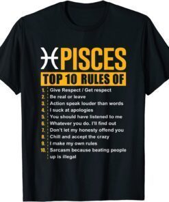 Funny Top 10 Rules of Pisces Birthday Gifts T-Shirt