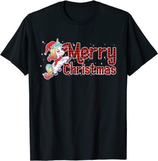 Funny Merry Christmas Unicorn Santa Claus Red Plaid Rainbow Xmas 2022 T-Shirt