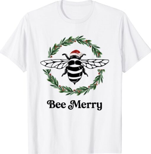 Bee Merry Christmas Wreath Bee Xmas Santa Bumble Bee Shirt