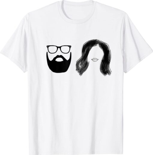 Man with beard and glasses with woman wavy hair shirt