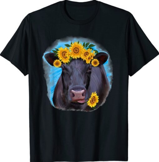 Western Country Farm Farmer Black Cow Angus Cow Sunflowers Shirt