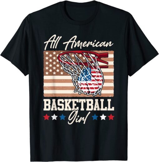All American Basketball Girl 4th Of July Red White Blue Flag Shirt