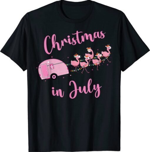 Funny Flamingo Pink Retro Camping Car Christmas In July Shirt
