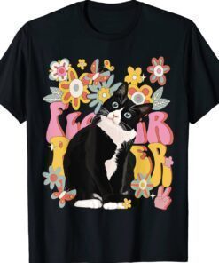 Tuxedo Cat Retro 60s 70s Vibe Flowers Peace Sign Vintage Shirt