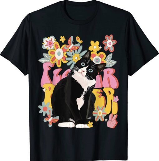 Tuxedo Cat Retro 60s 70s Vibe Flowers Peace Sign Vintage Shirt