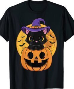 Cute Halloween Black Cat Witch Hat Pumpkin T-Shirt