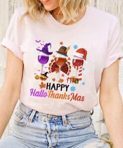 Wine Glass Happy Hallothanksmas Shirt