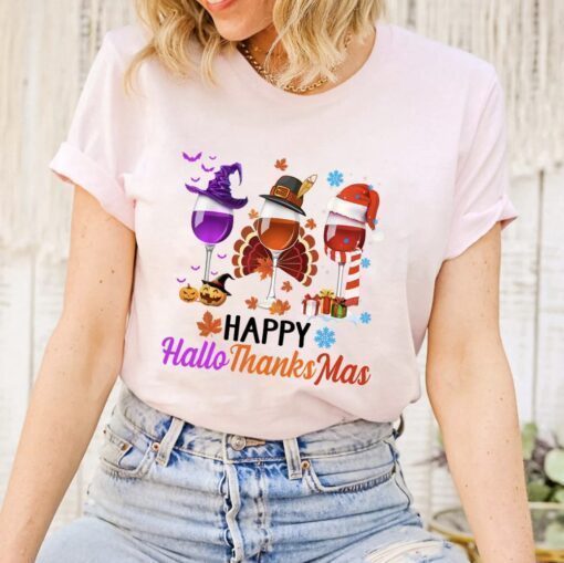 Wine Glass Happy Hallothanksmas Shirt