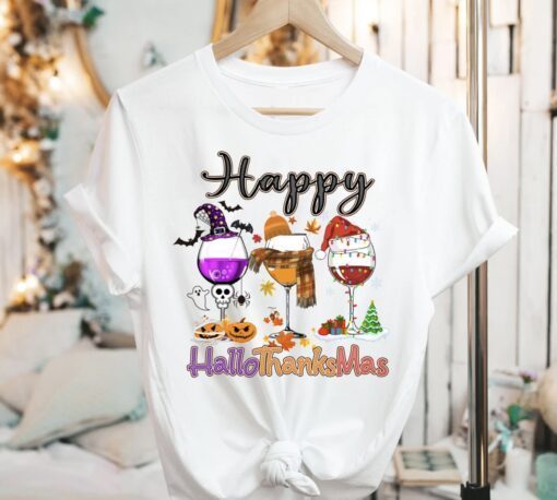 Wine Glass Happy Hallothanksmas Thankgiving Glass Wine Lover Shirt