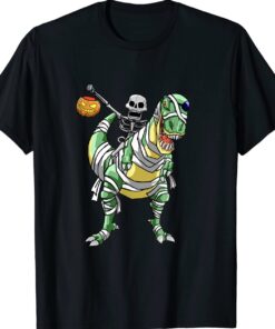 Skeleton Riding Mummy Dinosaur T rex Halloween Funny Pumpkin Shirt