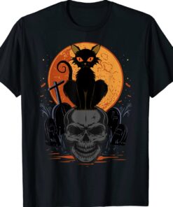 Cute Halloween Gothic Black Cat Standing On Skull Art Shirt