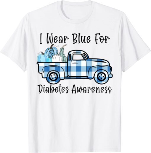 Blue Pumpkin I Wear Blue For Diabetes Awareness Plaid Truck Tee Shirt