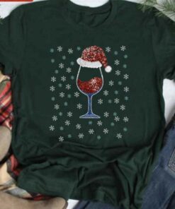 Wine With Christmas Hat Christmas Snowflakes Winter Shirt