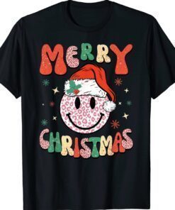 Retro Santa Hat Leopard Smile Face Funny Christmas Shirt