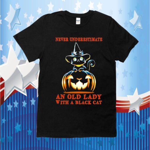 Never Underestimate An Old Lady With A Black Cat Halloween Pumpkin Tee Shirt