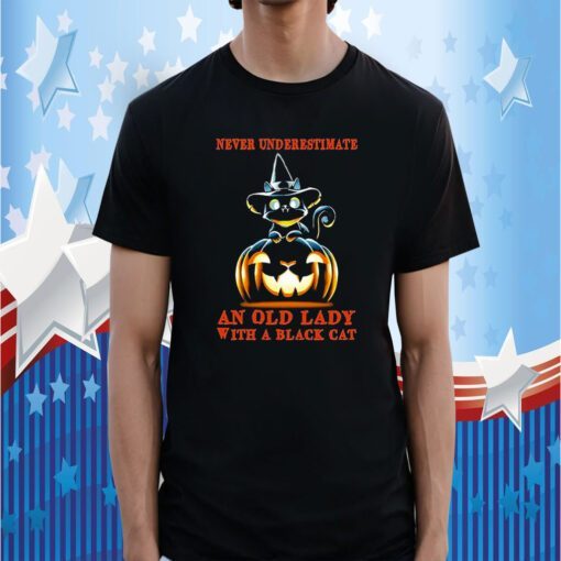 Never Underestimate An Old Lady With A Black Cat Halloween Pumpkin Tee Shirt