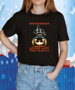 Never Underestimate An Old Lady With A Black Cat Halloween Pumpkin Tee Shirt