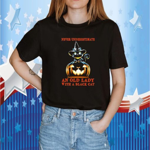 Never Underestimate An Old Lady With A Black Cat Halloween Pumpkin Tee Shirt