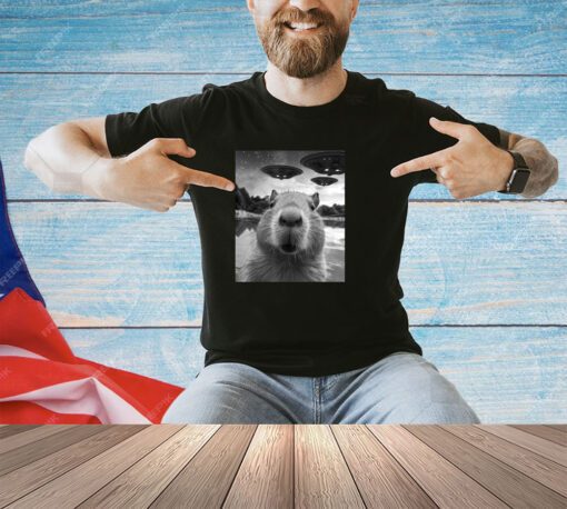 Funny Graphic Tee Capybara Selfie with UFOs Weird T-Shirt